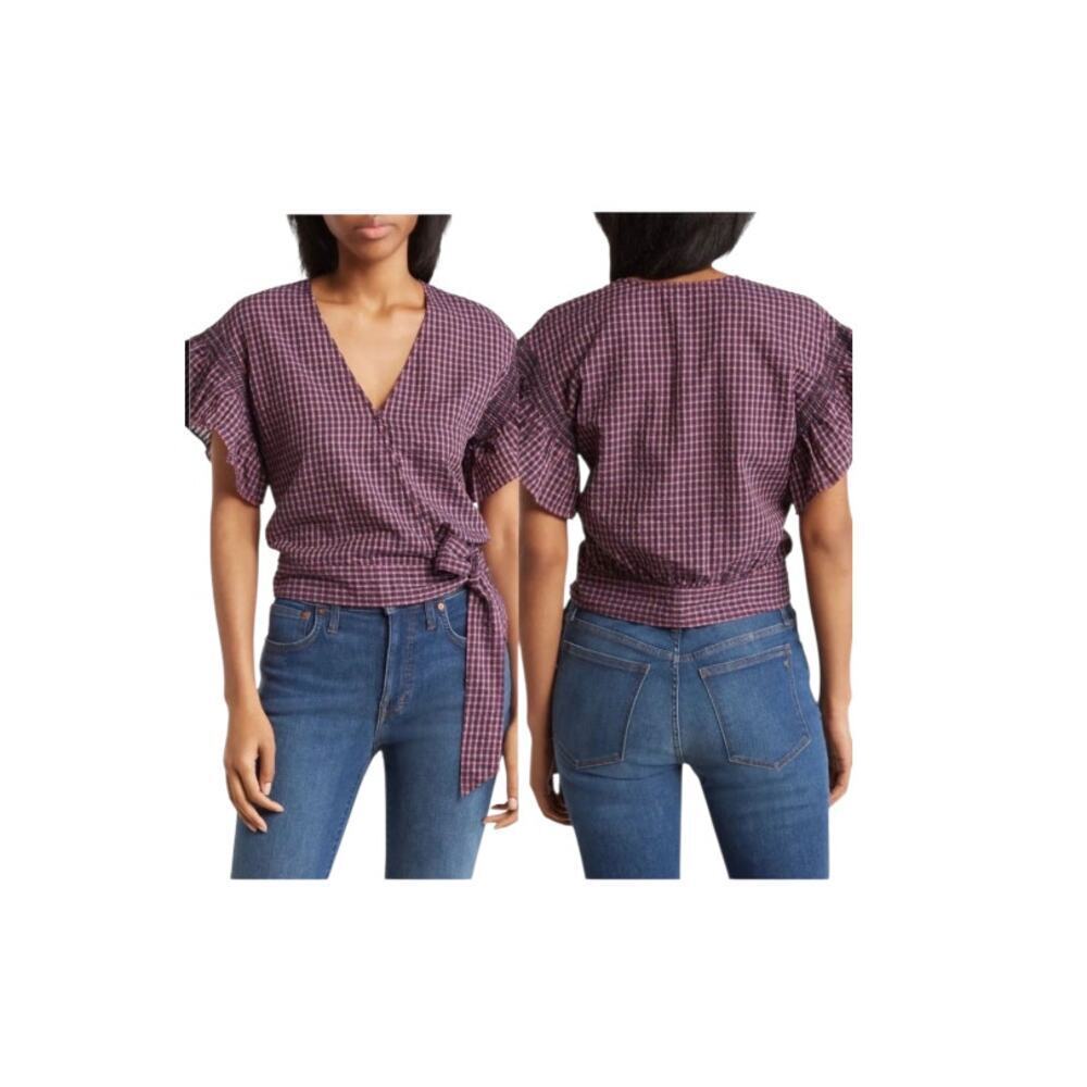 Madewell blouse sz‎ small wrap tie side flutter ruffle sleeve gingham crop top